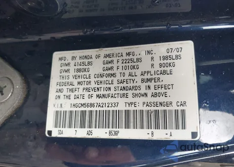 2007 Honda Accord 2.4 Ex from USA, damaged, VIN 1HGCM56867A212337